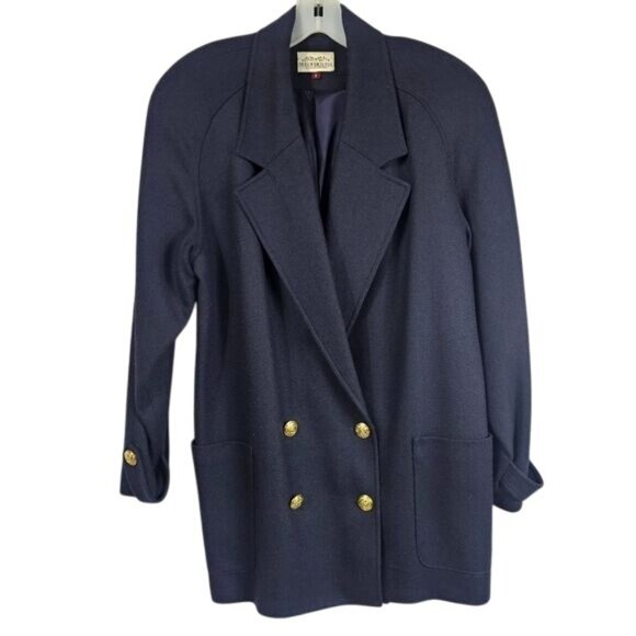 VTG Susan Bristol Navy Blazer Sz 8 Double Breasted Merino Gold Buttons Nautical - Picture 2 of 12